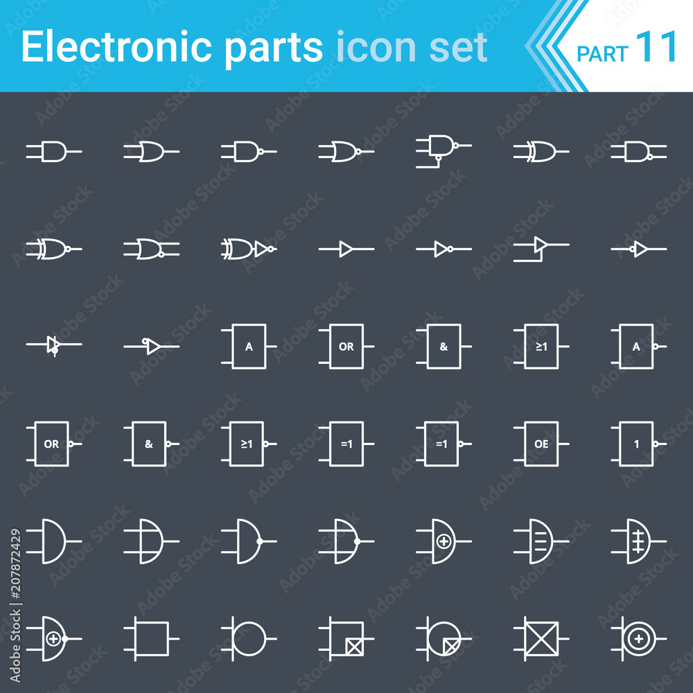 Vettoriale Stock Electric and electronic icons, electric diagram symbols.  Digital electronics, logic gate (ansi system, british system, din system,  nema system). | Adobe Stock