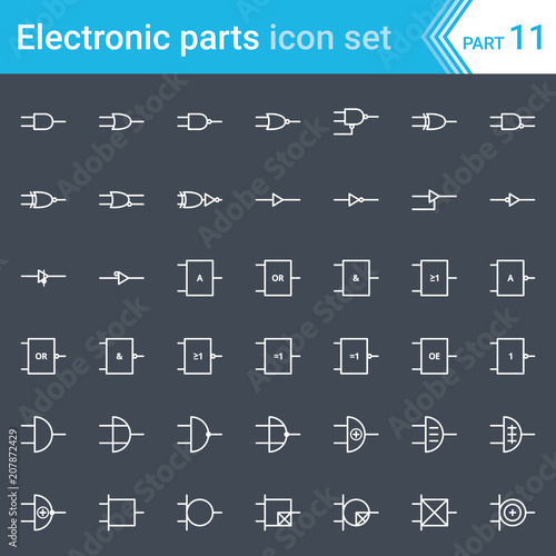 Electric and electronic icons, electric diagram symbols. Digital electronics, logic gate (ansi system, british system, din system, nema system).