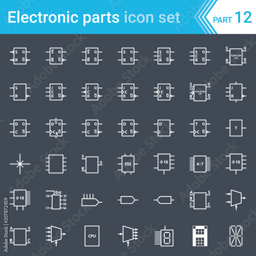 Electric and electronic icons, electric diagram symbols. Digital electronics, flip-flop, logic circuit, display, programming conventions.