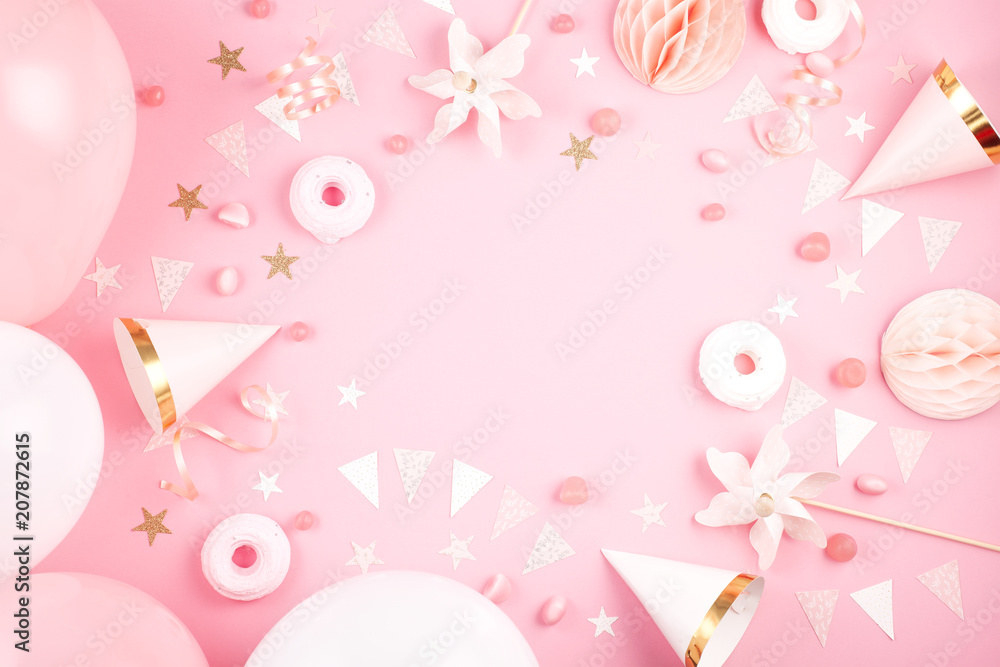 Girls party accessories over the pink background. Invitation, birthday,  bachelorette party, baby shower events Stock Photo | Adobe Stock