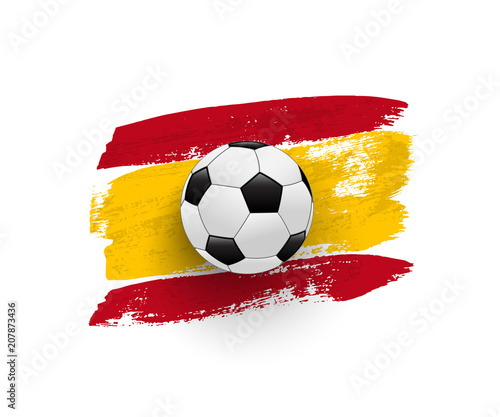 Realistic soccer ball on flag of Spain made of brush strokes. Vector design element.