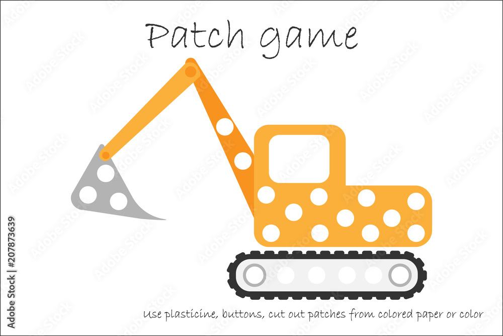 Education Patch game excavator for children to develop motor skills, use plasticine patches, buttons, colored paper or color the page, kids preschool activity,printable worksheet,vector illustration Education Patch game excavator for children to develop motor skills, use plasticine patches, buttons, colored paper or color the page, kids preschool activity,printable worksheet,vector illustration