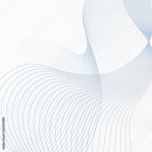 Vector curved crisscross lines, white background. Abstract squiggly waveforms, text place. Contemporary template in light blue, gray tone. Wave pattern. Waving line art design for scientific concept