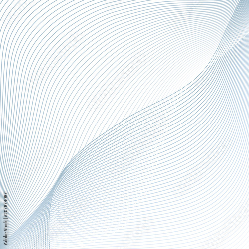 Abstract pattern of blue curved intersecting lines on white background. Line art futuristic design. Geometric technology composition with text place. Vector asymmetrical waving lines. Grid template