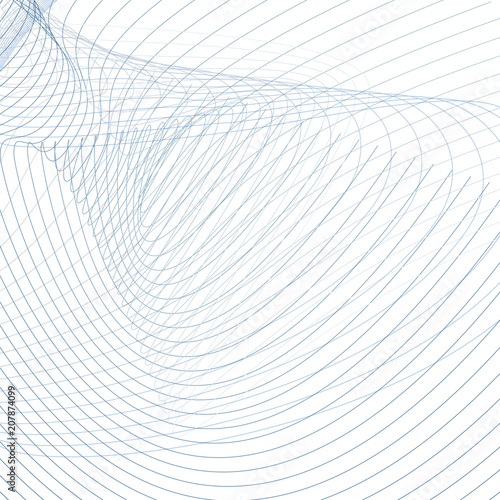 Vector technic background, curved intersecting blue, gray lines on white. Abstract vortex imitation. Line art futuristic design, wiggle waveforms. Energy, power waving pattern. Modern wallpaper. EPS10
