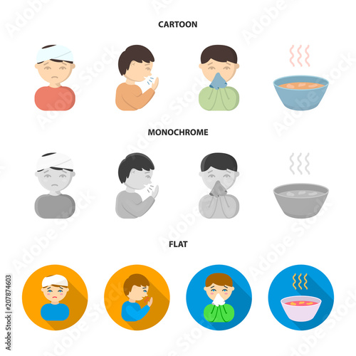 A man with a bandaged head, a man coughing, a man snorts a snot, a bowl, a bowl of hot broth into a handkerchief. Sick set collection icons in cartoon,flat,monochrome style vector symbol stock