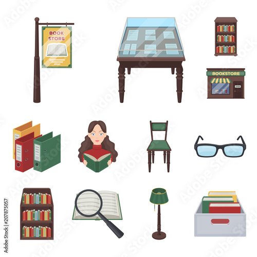 Library and bookstore cartoon icons in set collection for design. Books and furnishings vector symbol stock web illustration.