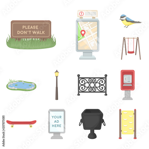 Park, equipment cartoon icons in set collection for design. Walking and rest vector symbol stock web illustration.