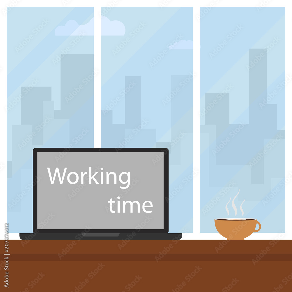 Time to work. The laptop on the desktop in the office with the inscription - it's time to work.