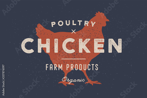Chicken, poultry. Vintage logo, retro print, poster for Butchery meat shop with text, typography Poultry, Chicken, Farm Products, Organic and chicken silhouette. Logo template. Vector Illustration