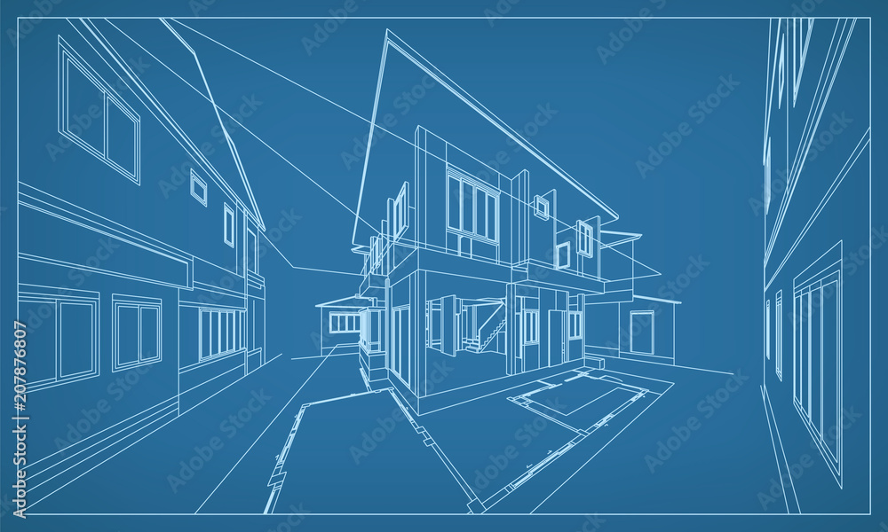 Abstract 3D rendering of building wireframe structure. Vector construction graphic idea.