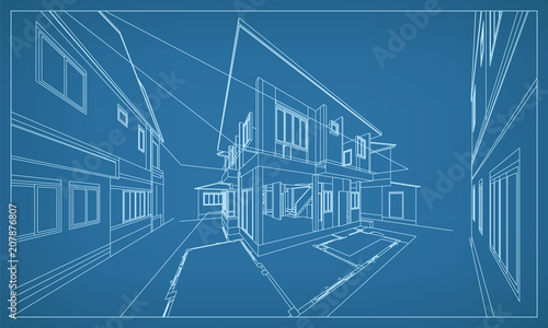Abstract 3D rendering of building wireframe structure. Vector construction graphic idea.