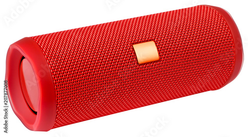 Slika na platnu Red wireless bluetooth speaker isolated on white background.