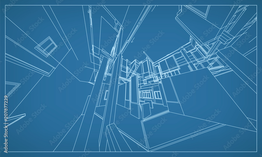 Abstract 3D rendering of building wireframe structure. Vector construction graphic idea for template design. Abstract 3D rendering of building wireframe structure. Vector construction graphic idea for template design.