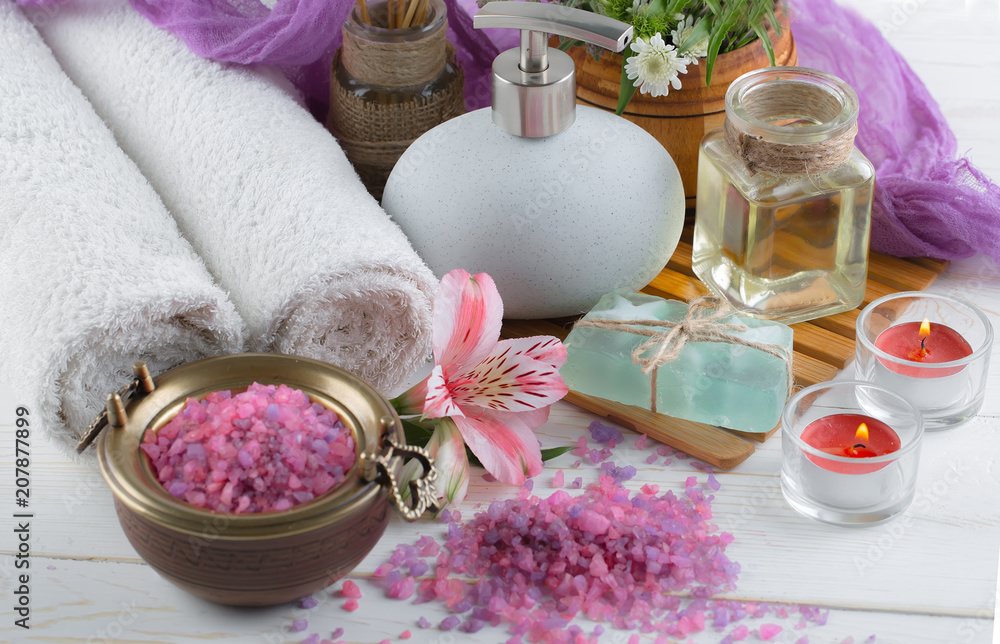 SPA accessories for massage in a composition on a light background SPA accessories for massage in a composition on a light background