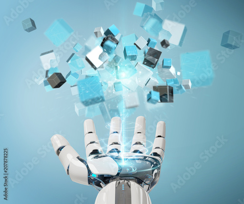 White cyborg hand using blue digital cube structure 3D rendering