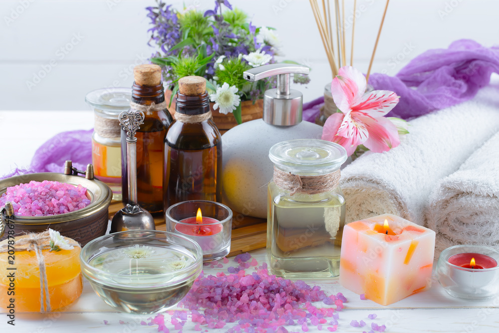 SPA accessories for massage in a composition on a light background SPA accessories for massage in a composition on a light background