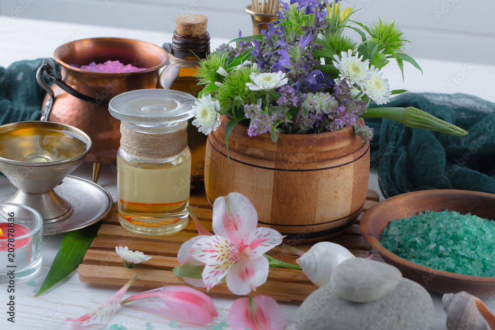 SPA accessories for massage in a composition on a light background SPA accessories for massage in a composition on a light background