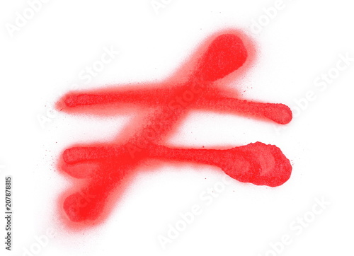 Red spray stain, graffiti unequal sign isolated on white background, clipping path