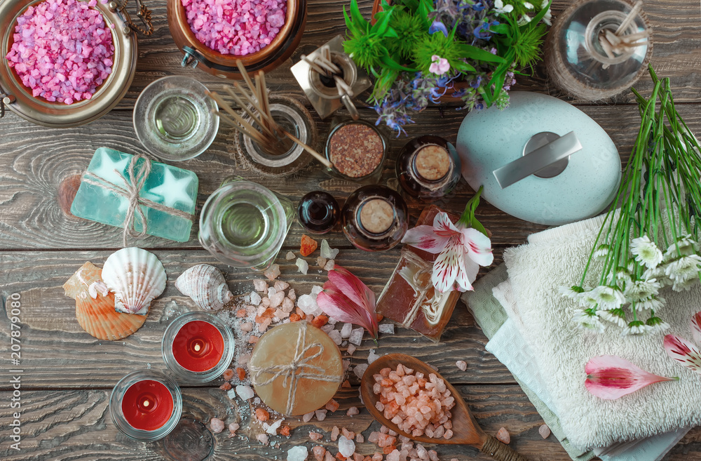 SPA accessories for massage in a composition on a light background