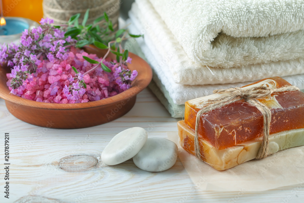 SPA accessories for massage in a composition on a light background SPA accessories for massage in a composition on a light background