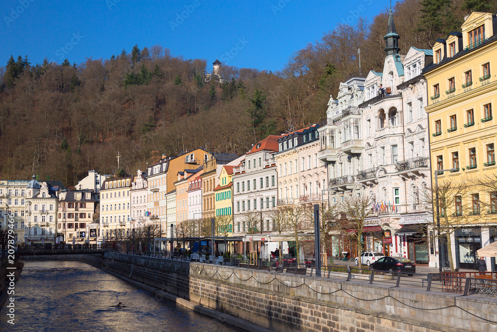 Houses in city center of Karlovy Vary on the Tepla river. Karlovy Vary Carlsbad is world famous for its mineral springs. Czech Republic resort