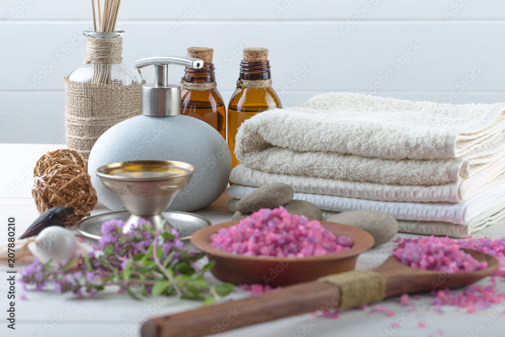 SPA accessories for massage in a composition on a light background SPA accessories for massage in a composition on a light background