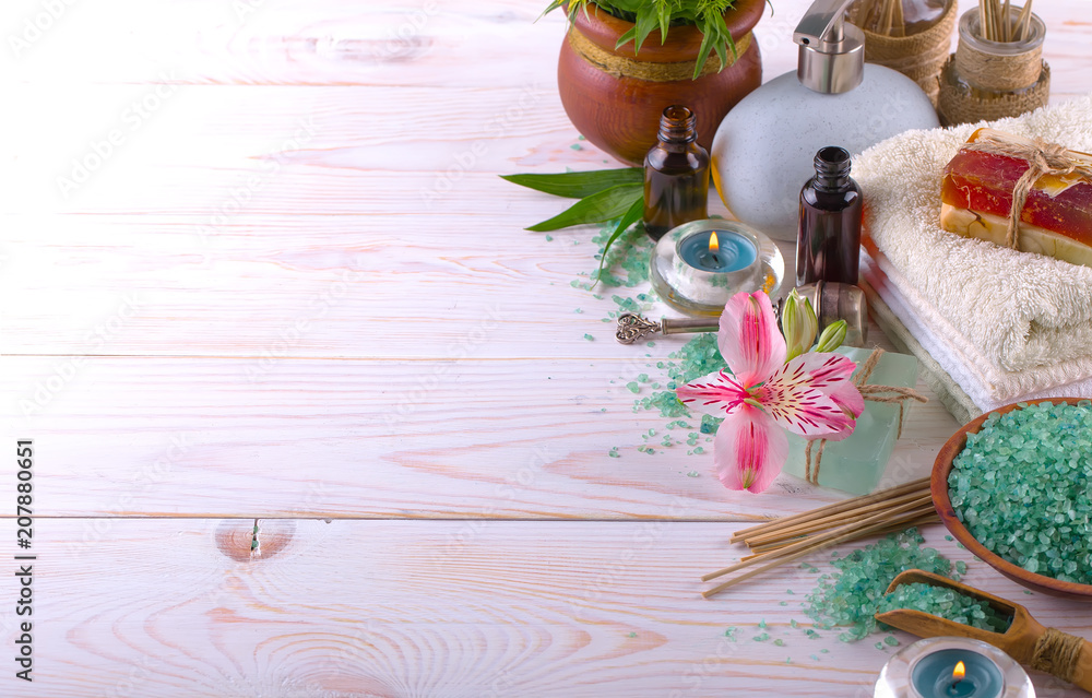 SPA accessories for massage in a composition on a light background SPA accessories for massage in a composition on a light background
