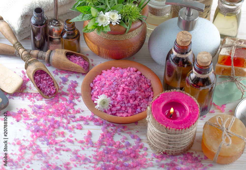 SPA accessories for massage in a composition on a light background SPA accessories for massage in a composition on a light background