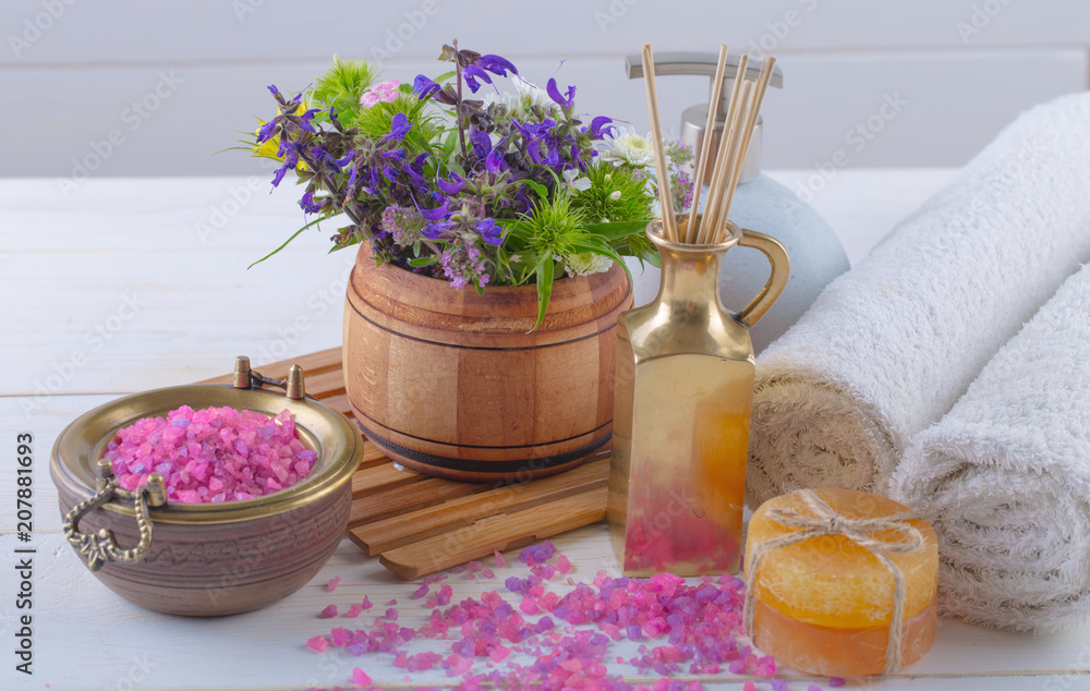 SPA accessories for massage in a composition on a light background