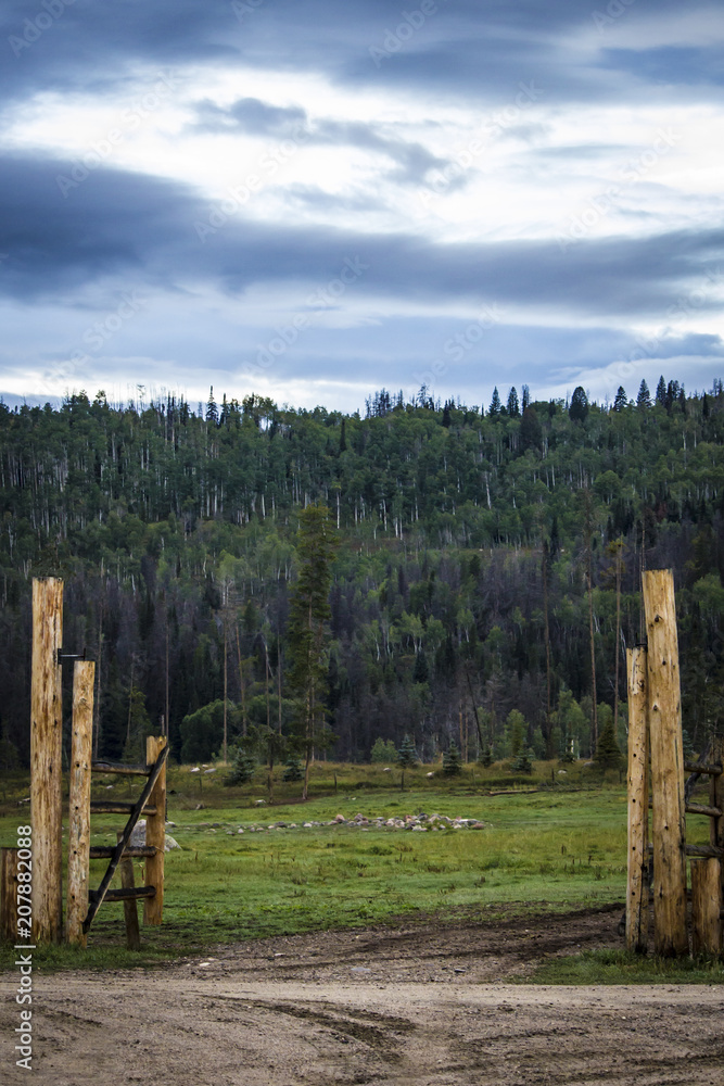 Wood Corral Gate Opens up into a Meadow with the Tree-Covered Hills of the Colorado Rocky Mountains in the Distance