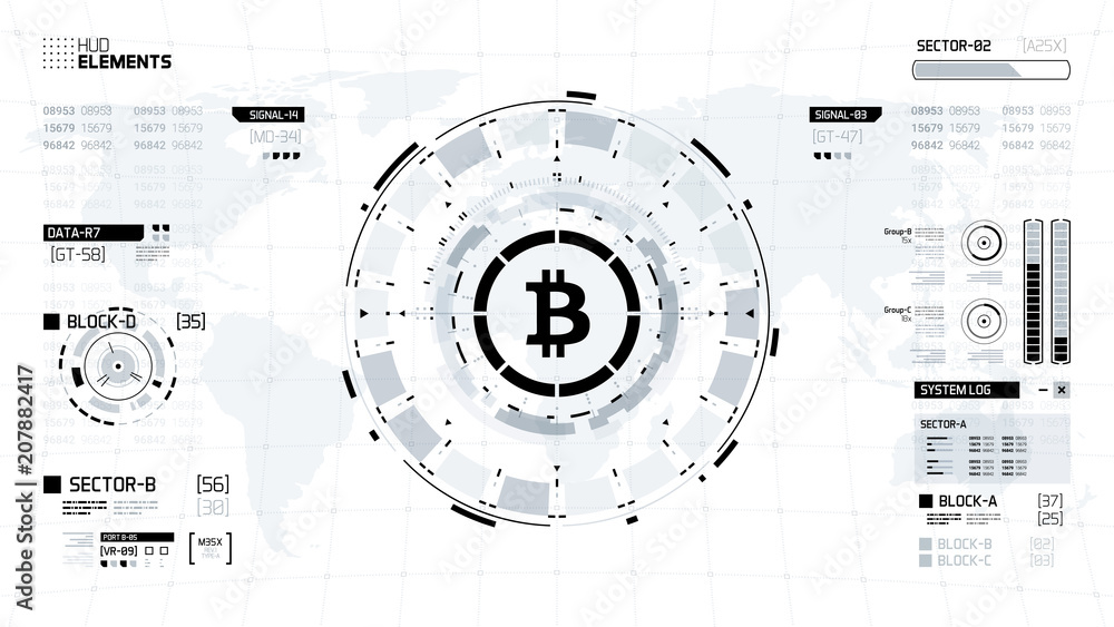 Bitcoin cryprocurrency futuristic black and white vector illustration. Worldwide digital money technology