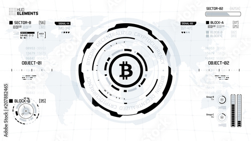 Bitcoin cryprocurrency futuristic black and white vector illustration. Worldwide digital money technology