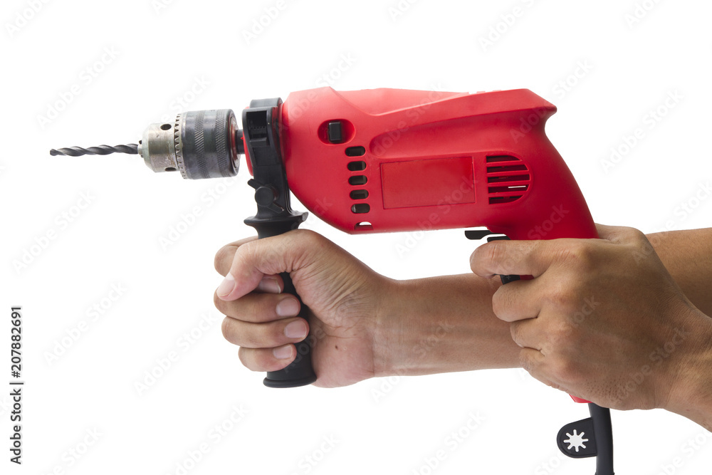 Man's hand holds a drill isolated on white background