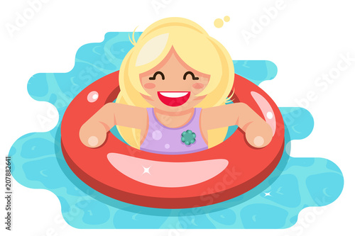 Swiming girl swim ring pool water flat design vector illustration