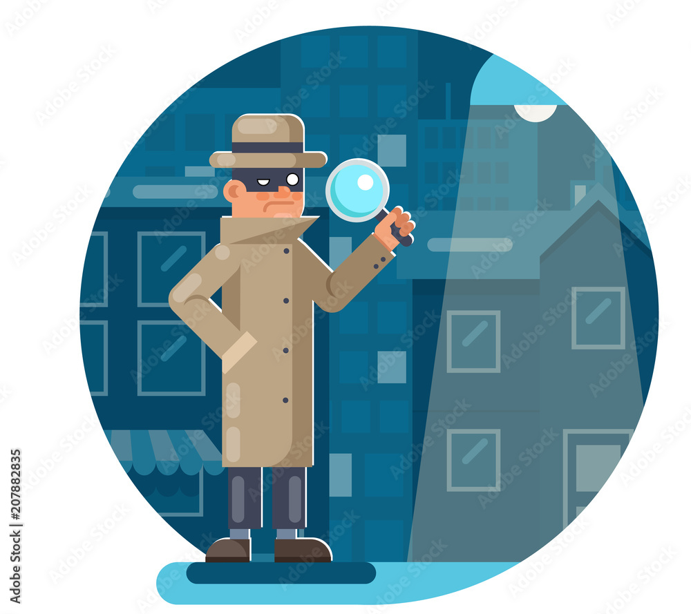 Magnifying glass mask spy detective cartoon character walk night city  street background flat design vector illustration Stock Vector | Adobe Stock