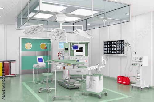 Moderner Operationssaal OP mit Videomanagementsystem und Deckenversorgungseinheiten