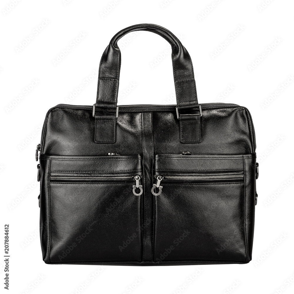 Leather bag with zipper. Front view, isolated on white Leather bag with zipper. Front view, isolated on white