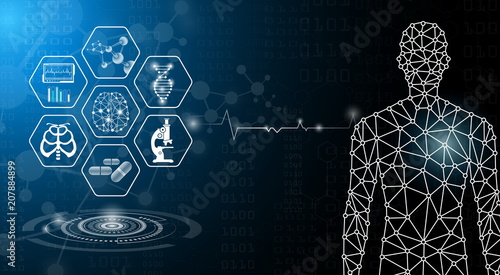 abstract background technology concept in blue light,brain and human body heal ,technology modern medical science in future and global international medical with tests analysis clone DNA human