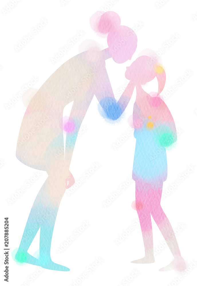 Silhouette watercolor of Happy parents having good time with their little children. Mother and daughter. Mother's day. Digital art painting Silhouette watercolor of Happy parents having good time with their little children. Mother and daughter. Mother's day. Digital art painting