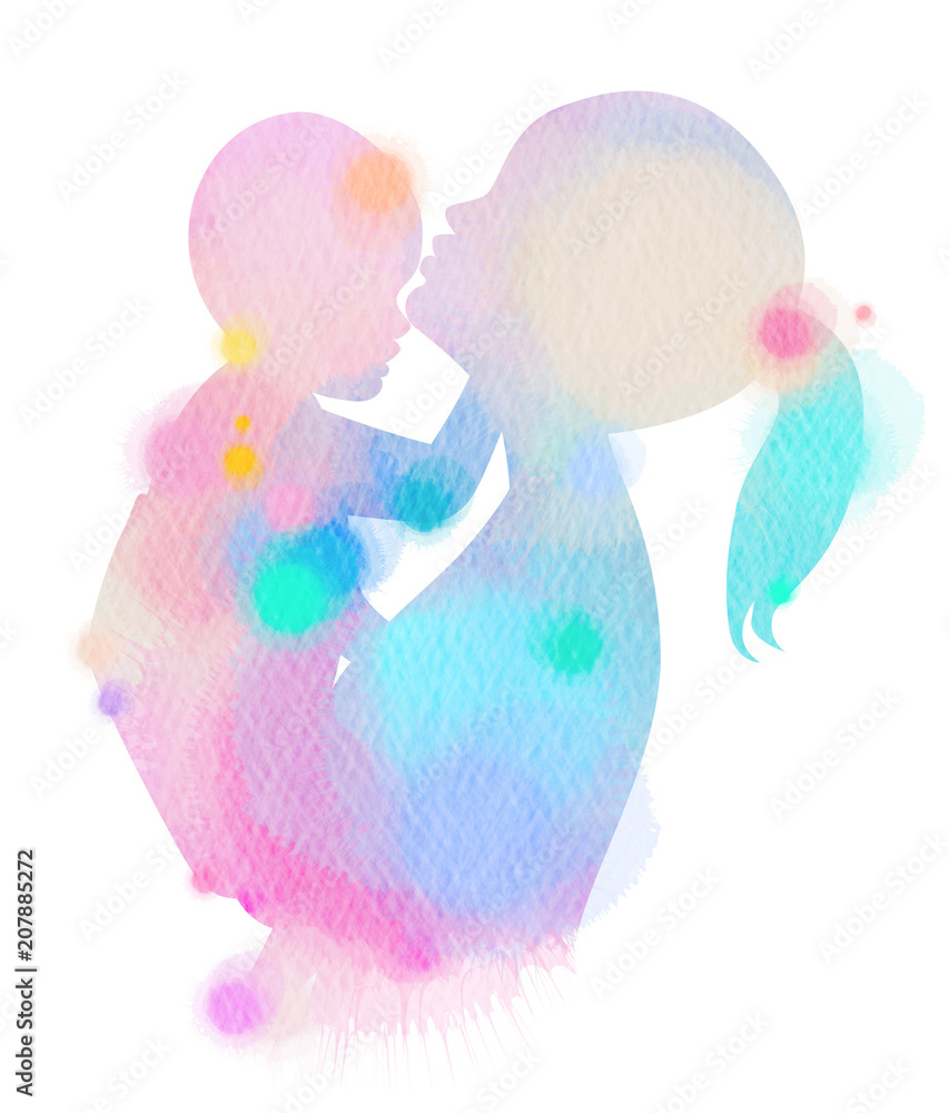 Happy family silhouette on watercolor background. Mother and baby ...