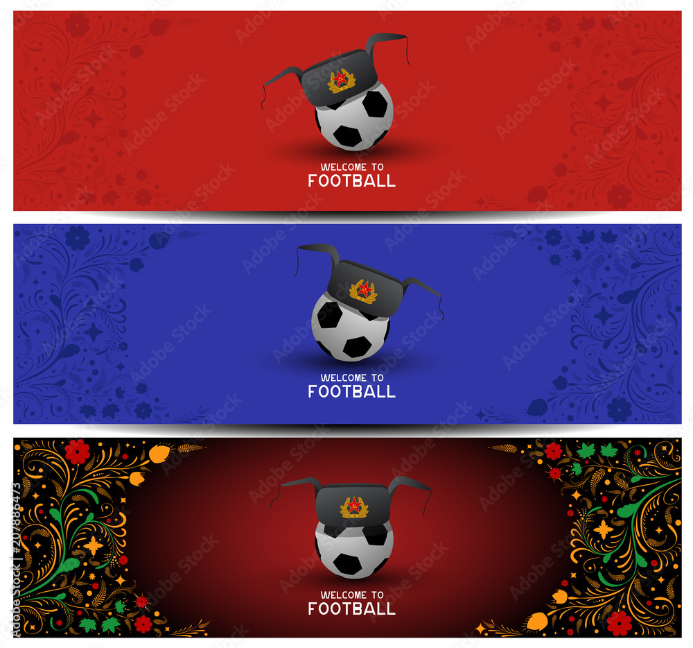Set of backgrounds on the theme of Football in Russia. Hat earflaps on the ball. Russian pattern background. Football in Russia in 2018. Football championship. The header of the site. Set of backgrounds on the theme of Football in Russia. Hat earflaps on the ball. Russian pattern background. Football in Russia in 2018. Football championship. The header of the site.