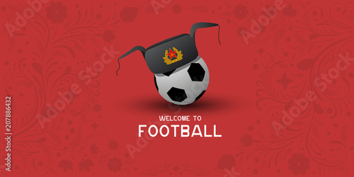 Background on Football in Russia. Hat earflaps on the ball. Russian pattern background. Football in Russia in 2018. Football championship.
