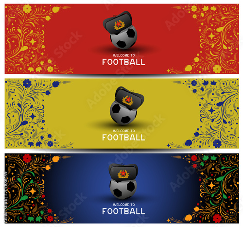 Set of backgrounds on the theme of Football in Russia. Hat earflaps on the ball. Russian pattern background. Football in Russia in 2018. Football championship. The header of the site.