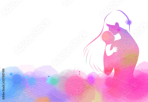 Fotografie Happy family silhouette on watercolor background