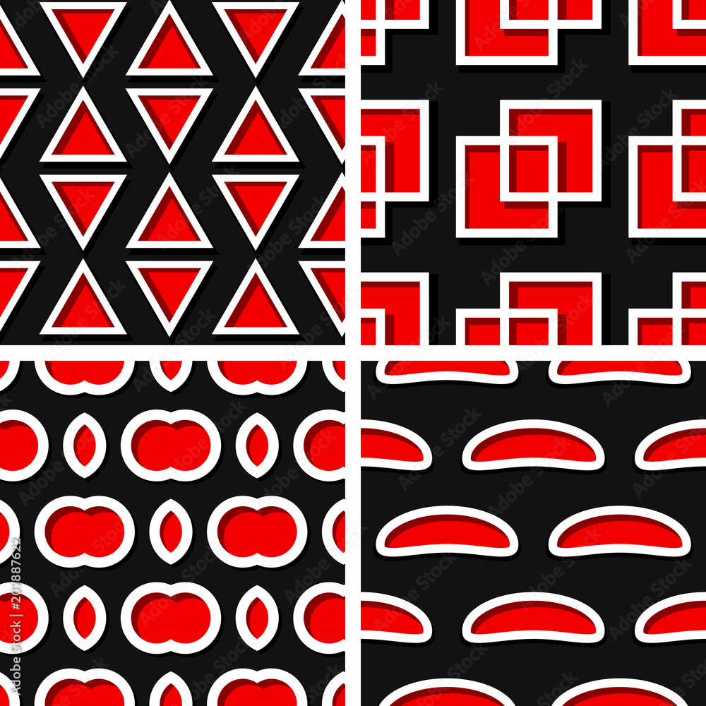 Obraz premium Seamless geometric patterns. Set of black 3d backgrounds with red elements