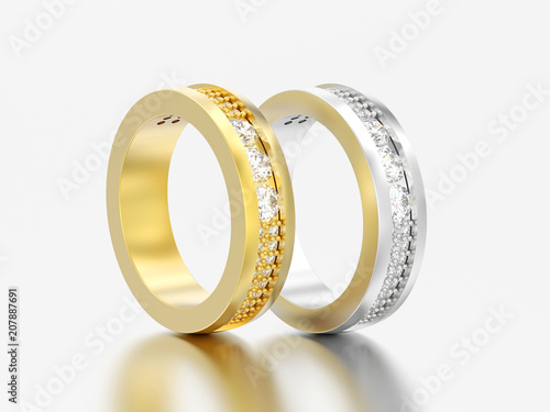 3D illustration two gold and silver engagement wedding anniversary band diamond rings