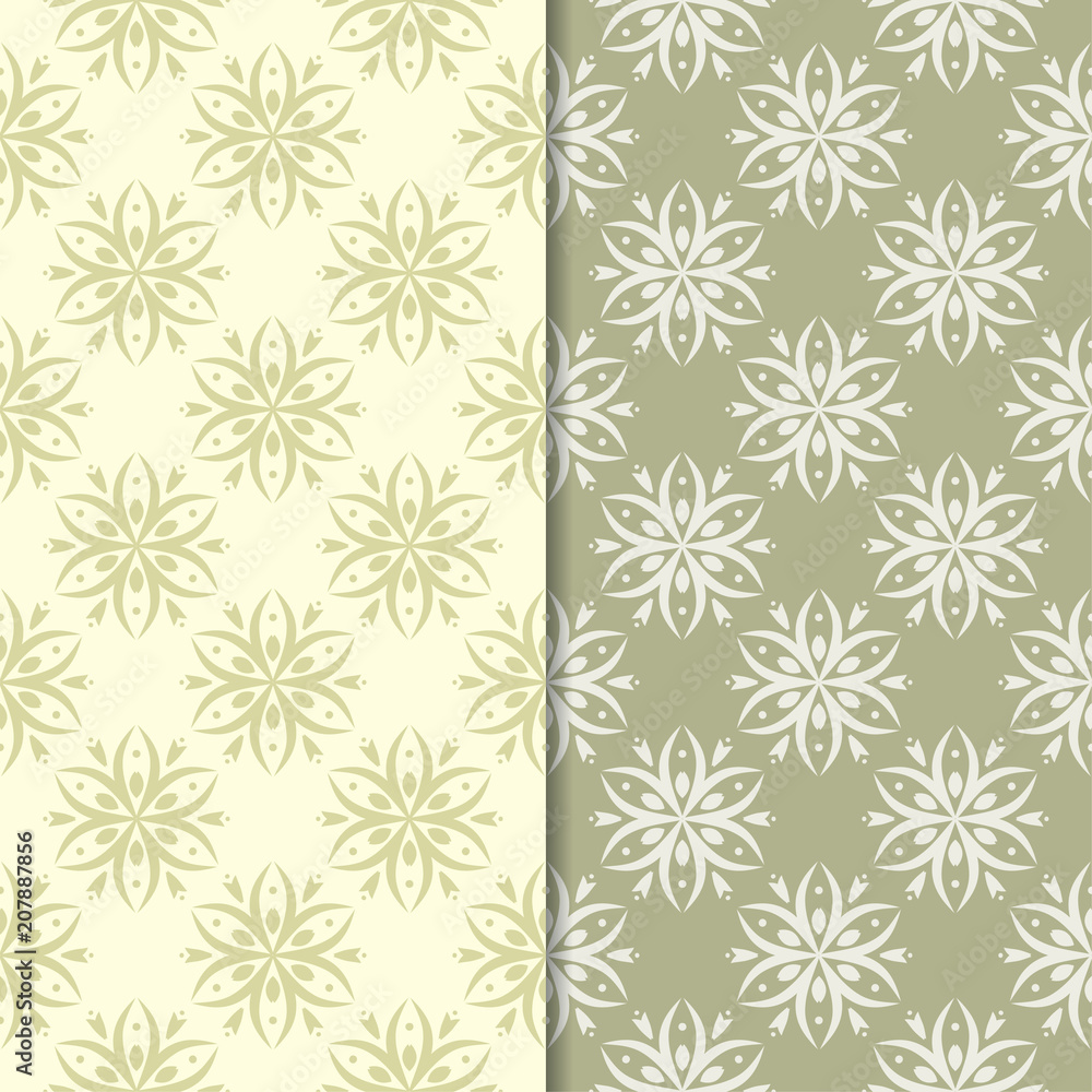 Olive green floral backgrounds. Set of seamless patterns Olive green floral backgrounds. Set of seamless patterns
