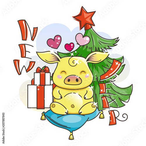 Fototapeta Naklejka Na Ścianę i Meble -  Cute cartoon pig in love. Symbol of New 2019 Year