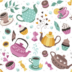 Fotobehang Thee patronen Doodle theetijd patroon met snoepjes  © ollymolly